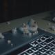 two shells on a lap top with pop corn
